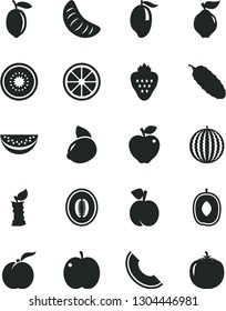 Solid Black Vector Icon Set - cucumber vector, strawberry, peach, ripe, apple, quince, red, water melon, slice of, mango, delicious plum, half, tangerine, lemon, yellow, juicy, kiwi, stub, persimmon