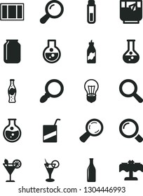 Solid Black Vector Icon Set - magnifier vector, e, window frame, a glass of tea, cocktail, bottle soda, liquor, round flask, bulb, jar, test tube, zoom, restaurant