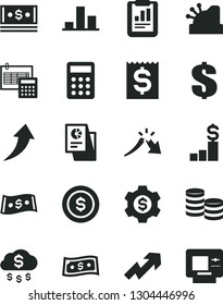 Solid Black Vector Icon Set - growth up vector, dollar, calculation, coins, chart, a crisis, statistical report, financial item, cash, research, calculator, cashbox, arrow, money rain, coin, gear