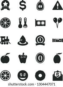 Solid Black Vector Icon Set - warning vector, plastic fork spoons, baby toy train, colored air balloons, building level, peper, ripe peach, loquat, half melon, juicy lemon, slice of, pineapple, star