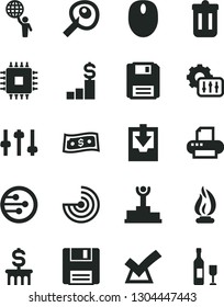 Solid Black Vector Icon Set - download archive data vector, mouse, cpu, printer, network, trash bin, floppy, settings, flame, artifical insimination, radar, winner podium, man hold world, confirm