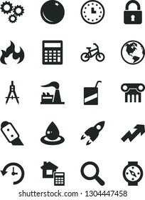 Solid Black Vector Icon Set - magnifier vector, growth up, calculator, e, estimate, knife, lock, orange, factory, drop of oil, Measuring compasses, three gears, wall watch, history, flame, rocket