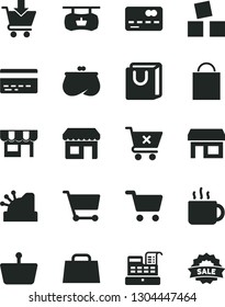 Solid Black Vector Icon Set - paper bag vector, bank card, cubes for children, put in cart, crossed, with handles, kiosk, cup of tea, stall, shopping, basket, antique advertising signboard, purse