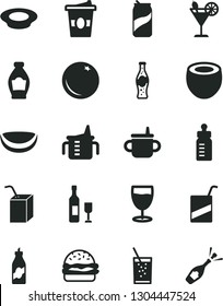 Solid Black Vector Icon Set - mug for feeding vector, measuring cup, bottle, e, packing of juice with a straw, burger, plate milk, coffe to go, glass soda, cocktail, can, orange, liquor, half, wine