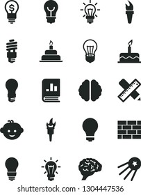 Solid Black Vector Icon Set - matte light bulb vector, children's hairdo, cake, birthday, brickwork, writing accessories, energy saving, book on statistics, brain, flame torch, idea, first satellite