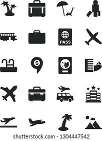 Solid Black Vector Icon Set - suitcase vector, case, passport, dollar pin, plane, bus, passenger, departure, hotel, arnchair under umbrella, palm tree, pool, transfer, mountains