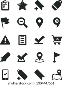 Solid Black Vector Icon Set - warning vector, add bookmark, zoom out, label, pennant, star, flag, crossed cart, survey, location, geolocation, text highlighter, clipboard, vote check, confirm, map