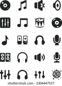 Solid Black Vector Icon Set - desktop microphone vector, loudspeaker, drum, headphones, music, regulator, volume, no sound, cd, pc speaker, note, settings, disco ball