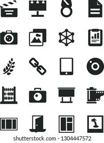 Solid Black Vector Icon Set - camera vector, scribbled paper, spectacles, roll, movie cracker, abacus, window, frame, picture, billboard with illumination, statistical report, tablet pc, 3d cube