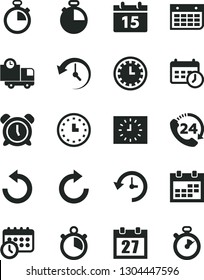 Solid Black Vector Icon Set - daily calendar vector, stopwatch, clock face, alarm, clockwise, counterclockwise, timer, delivery, 24, wall, watch, black, history, schedule
