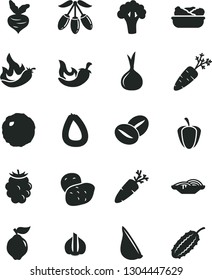 Solid Black Vector Icon Set - stick of sausage vector, slices onion, lettuce in a plate, cabbage, chili, garlic, carrot, coffee beans, quince, blackberry, goji berry, ripe pepper, hot, potato, beet