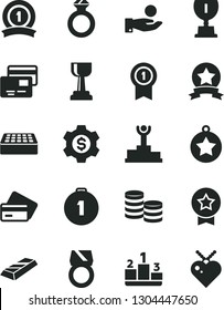 Solid Black Vector Icon Set - brick vector, cards, pedestal, coins, catch a coin, winner podium, award, gold cup, star medal, first place, with pennant, ribbon, diamond ring, bar, dollar gear