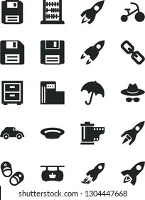 Solid Black Vector Icon Set - floppy disk vector, spectacles, hat with glasses, camera roll, bedside table, tricycle, child shoes, abacus, umbrella, plate, modern gas station, retro car, rocket