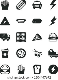 Solid Black Vector Icon Set - lightning vector, car, delivery, sausage, pizza, piece of, Hot Dog, mini, big burger, French fries, fried potato slices, Chinese chopsticks, coffe to go, sandwich