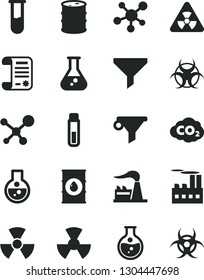 Solid Black Vector Icon Set - round flask vector, factory, oil, barrel, industrial building, radiation, carbon dyoxide, filter, water, research article, test tube, molecule, nuclear, biohazard