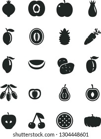 Solid Black Vector Icon Set - carrot vector, cherry, apple, half apricot, tasty, rose hip, medlar, mango, goji berry, melon, ripe plum, lemon, of passion fruit, piece coconut, pineapple, part guava