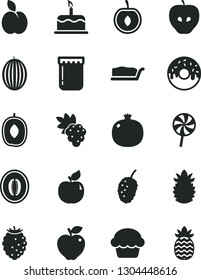 Solid Black Vector Icon Set - cake vector, slice, glazed with a hole, lollipop, jam, apple, pomegranate, grape, apricot, red, tasty, raspberry, mulberry, melon, delicious plum, half, cherry