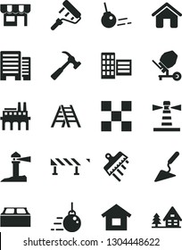 Solid Black Vector Icon Set - house vector, dwelling, big core, building trowel, concrete mixer, paint roller, ladder, buildings, city block, tile, spatula, road fence, hammer with claw, kiosk