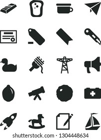 Solid Black Vector Icon Set - bookmark vector, remove label, rubber duck, bag of a paramedic, children's potty, small rocking horse, stationery knife, notes, megaphone, spaghetti, cabbage, sandwich
