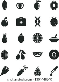 Solid Black Vector Icon Set - medical bag vector, a bowl of buckwheat porridge, grill chicken leg, plum, rose hip, cornels, blackberry, melon, delicious, water slice, date fruit, lemon, tamarillo