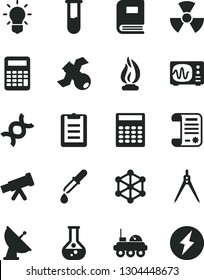 Solid Black Vector Icon Set - flask vector, research article, test tube, telescope, nuclear, dna, bulb, satellite, book, pipette, oscilloscope, flame, clipboard, calculator, drawing compass, antenna