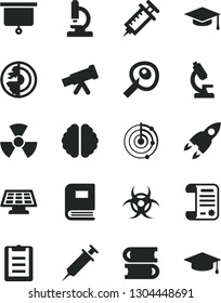 Solid Black Vector Icon Set - books vector, research article, microscope, telescope, nuclear, brain, book, biohazard, graduate hat, clipboard, artifical insimination, radar, earth core, sun panel