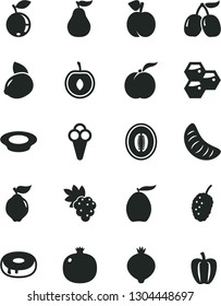 Solid Black Vector Icon Set - cake with a hole vector, plate of milk, cone, honeycombs, peach, ripe, pomegranate, grape, quince, medlar, blueberry, tasty mulberry, cornels, loquat, half melon, guava