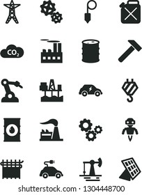 Solid Black Vector Icon Set - hook vector, plummet, hammer, commercial seaport, working oil derrick, factory, barrel, power line, industrial building, gears, canister, cloth industry, electric car