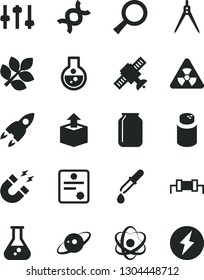 Solid Black Vector Icon Set - powder vector, unpacking, jar, flask, atom, nuclear, zoom, dna, settings, satellite, pipette, magnet, drawing compass, saturn, rocket, biology, patente, resistor