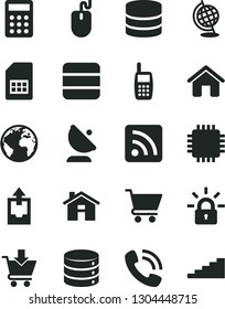 Solid Black Vector Icon Set - house vector, sign of the planet, rss feed, upload archive data, big, cart, put in, satellite antenna, SIM card, phone call, mobile, calculator, mouse, cpu, encrypting