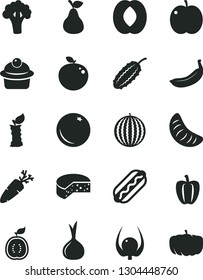 Solid Black Vector Icon Set - cheese vector, Hot Dog, muffin, carrot, pear, orange, apple, water melon, half peach, slice of tangerine, banana, delicious, guawa, physalis, stub, Bell pepper, onion
