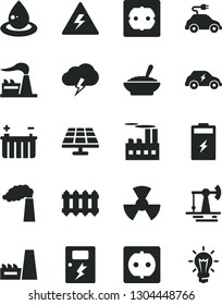 Solid Black Vector Icon Set - danger of electricity vector, power socket type f, dangers, new radiator, storm cloud, a bowl buckwheat porridge, charging battery, solar panel, working oil derrick