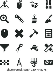 Solid Black Vector Icon Set - zoom vector, cross, new abacus, iron fork spoons, winch hook, garden trolley, trowel, adjustable wrench, wooden paint brush, writing accessories, ceramic tiles, filter