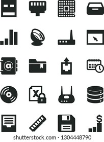 Solid Black Vector Icon Set - floppy disk vector, archive, upload data, folder bookmark, CD, big, address book, drawer, processor, bar chart, agenda, encrypting, memory, usb, router, browser