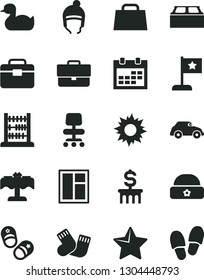 Solid Black Vector Icon Set - calendar vector, briefcase, rubber duck, warm socks, child shoes, winter hat, abacus, window, portfolio, building block, star, retro car, hand bag, chair, flag, sun