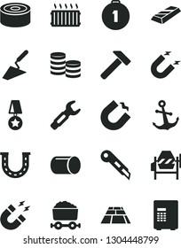 Solid Black Vector Icon Set - trowel vector, concrete mixer, stationery knife, paving slab, hammer, anchor, canned goods, magnet, horseshoe, pipe, steel repair key, aluminum radiator, coins, star