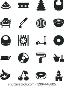 Solid Black Vector Icon Set - paint roller vector, bib, baby, stacking rings, toy sand set, Kick scooter, concrete mixer, cake slice, with a hole, cherry, water melon, kiwi, of pineapple, hot pepper