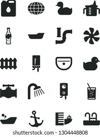 Solid Black Vector Icon Set - measuring cup for feeding vector, rubber duck, baby duckling, children's bathroom, bath, sink, shower, new radiator, boiler, electronic, anchor, a glass of soda, bottle