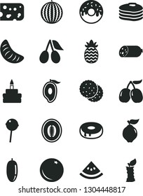 Solid Black Vector Icon Set - sausage vector, piece of cheese, birthday cake, with a hole, glazed, Chupa Chups, biscuit, pancakes, orange, quince, cornels, tasty, water melon, half mango, date fruit