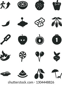 Solid Black Vector Icon Set - electronic thermometer vector e, yule, colored air balloons, slices of onion, peper, lollipop, popcorn, strawberries, tasty apple, cornels, goji berry, half cherry, hot