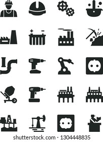 Solid Black Vector Icon Set - builder vector, gears, concrete mixer, cordless drill, power socket type f, construction helmet, commercial seaport, working oil derrick, coal mining, water pipes