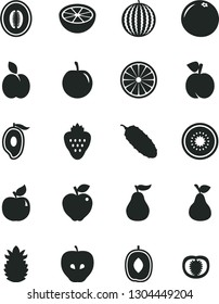 Solid Black Vector Icon Set - cucumber vector, strawberry, apple, pear, peach, apricot, red, tasty, water melon, half of mango, delicious plum, kiwi, orange, ripe pineapple, grapefruit, guava