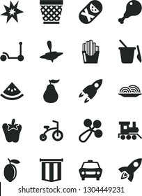 Solid Black Vector Icon Set - wicker pot vector, baby rattle, tumbler, children's sand set, toy train, small yule, child bicycle, Kick scooter, car, onion, chicken leg, peper, fried potato slices