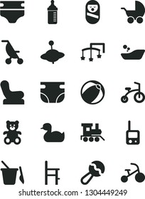 Solid Black Vector Icon Set - toys over the cot vector, measuring bottle for feeding, diaper, nappy, beanbag, Baby chair, stroller, summer, rubber duck, bath ball, children's bathroom, toy phone, a