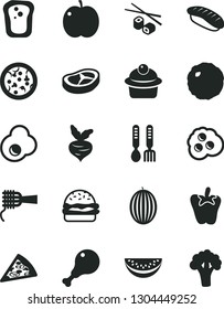 Solid Black Vector Icon Set - iron fork spoons vector, pizza, piece of, burger, noodles, muffin, chicken leg, bacon, cabbage, peper, Chinese chopsticks, japanese sushi, fried egg, omelette, sandwich