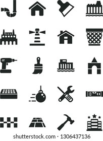 Solid Black Vector Icon Set - house vector, wicker pot, box of bricks, big core, small tools, cordless drill, wooden paint brush, siphon, building level, ceramic tiles, brick, putty knife, hotel