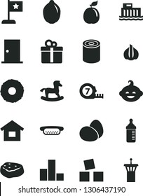 Solid Black Vector Icon Set - bar chart vector, measuring bottle for feeding, funny hairdo, small rocking horse, cubes children, dwelling, long meashuring tape, ntrance door, gift, eggs, tin, lime