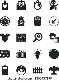 Solid Black Vector Icon Set - clock face vector, upload archive data, t short, estimate, fence, left bottom arrow, piece of cheese, tin, glazed cake with a hole, grapefruit, charge level, black