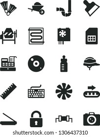 Solid Black Vector Icon Set - yardstick vector, keyboard, feeding bottle, garden trolley, concrete mixer, siphon, helmet, putty knife, heating coil, lock, production conveyor, SIM card, cash machine