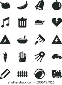 Solid Black Vector Icon Set - danger of electricity vector, baby bath ball, paint roller, fence, bell, dust bin, broken heart, music, cake slice, a bowl rice porridge, chicken, fried potato slices